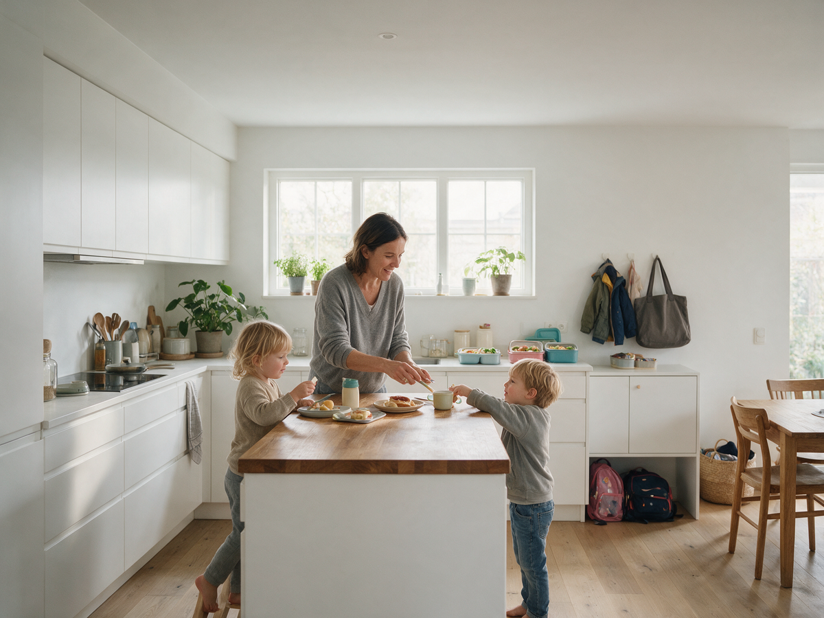 Gezin in een rustige keuken met de Sariva weekplanner als hulpmiddel voor overzicht