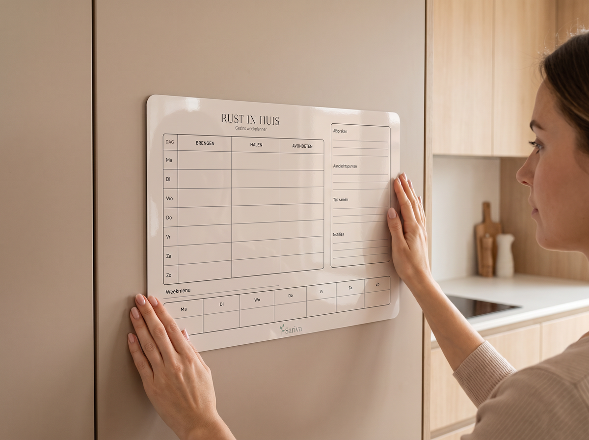 Vrouw bevestigt de Sariva gezinsweekplanner op een gladde kastdeur