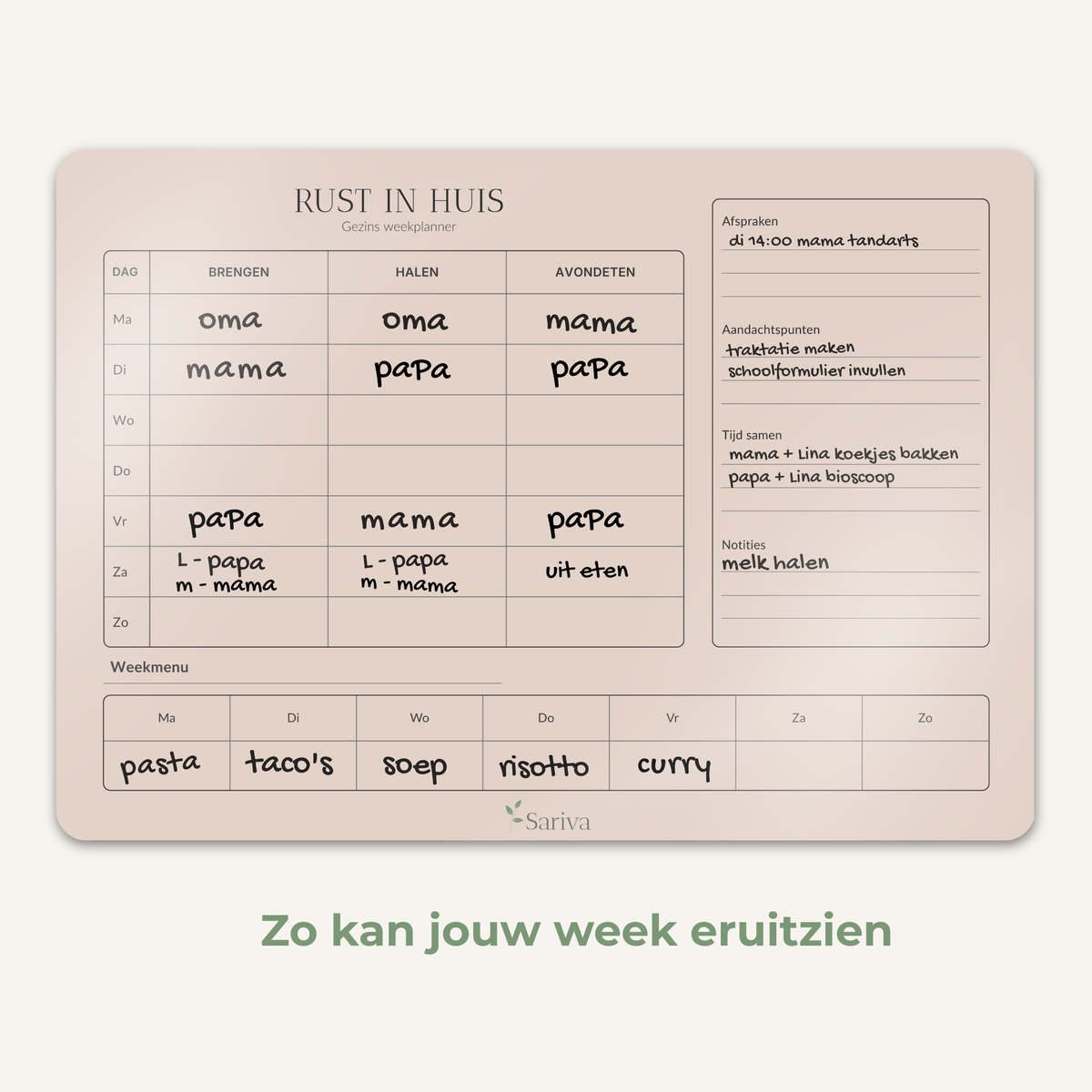 Ingevulde Sariva gezinsweekplanner met weekplanning en weekmenu