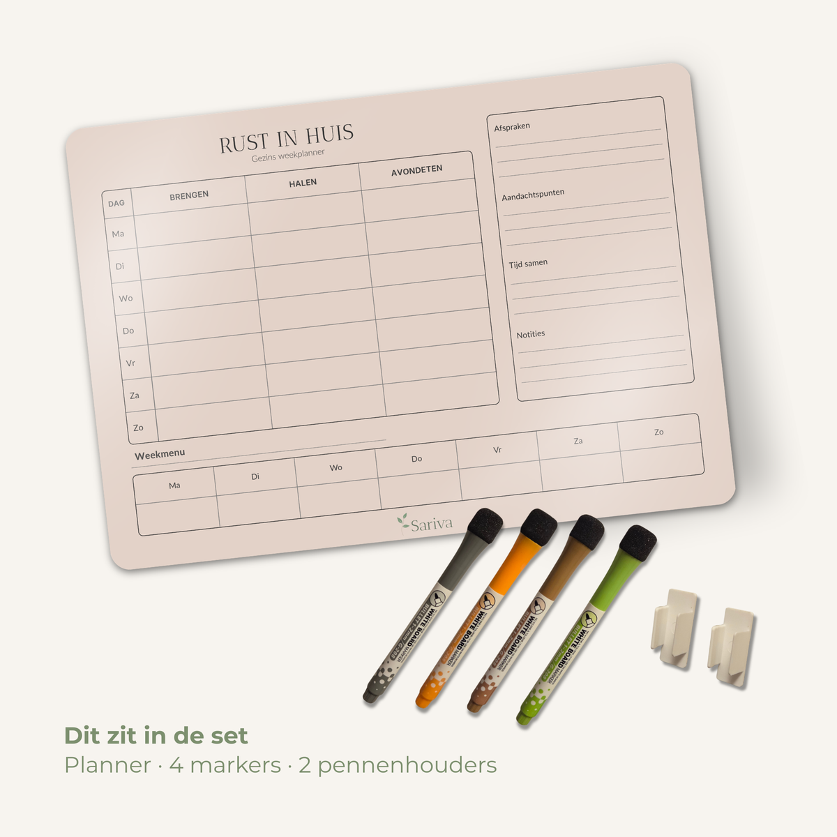 Groene Sariva gezinsweekplanner als herbruikbaar sticky whiteboard op A3-formaat